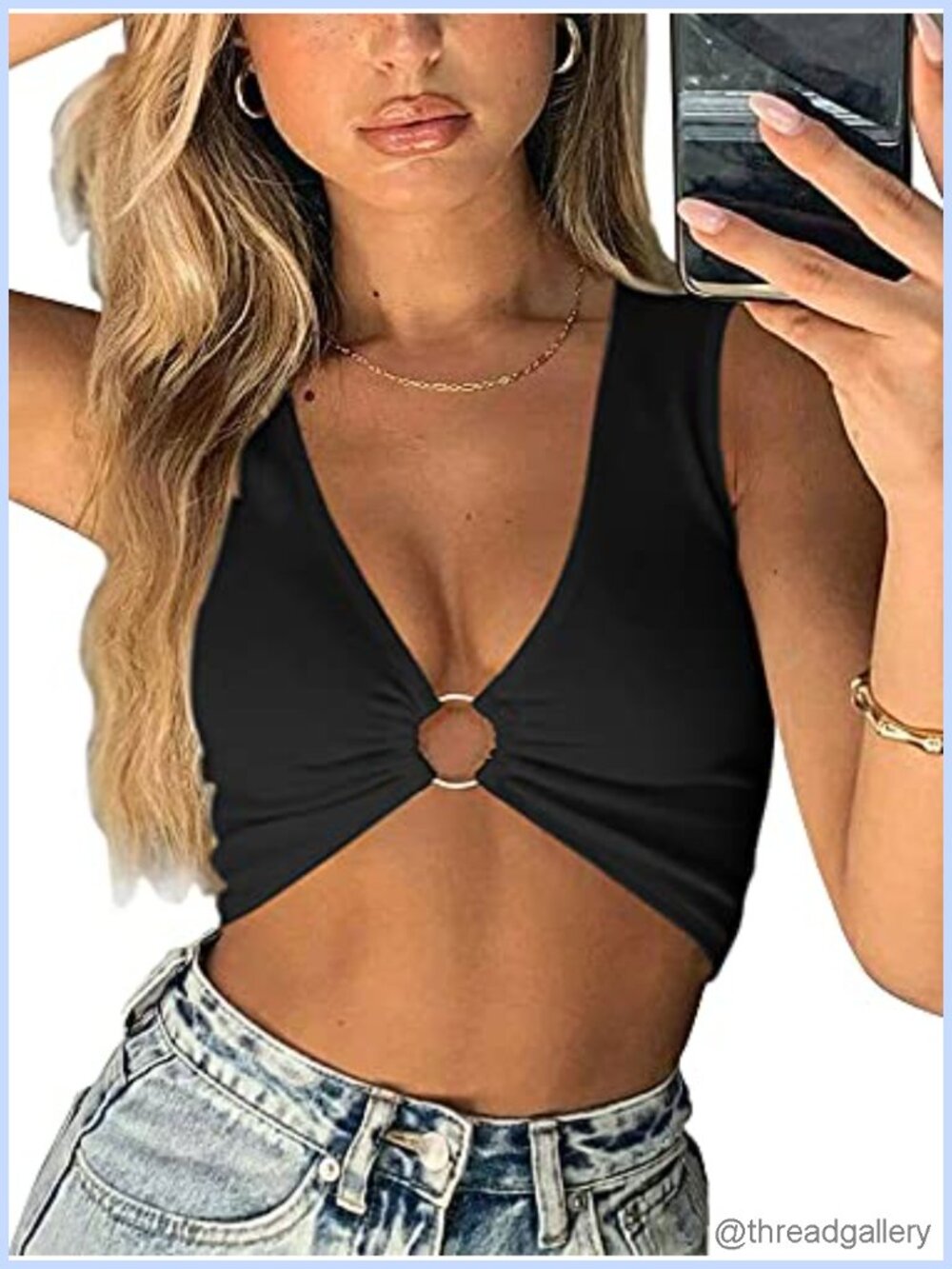 Sexy Deep V Neck Ring Sleeveless Crop Top